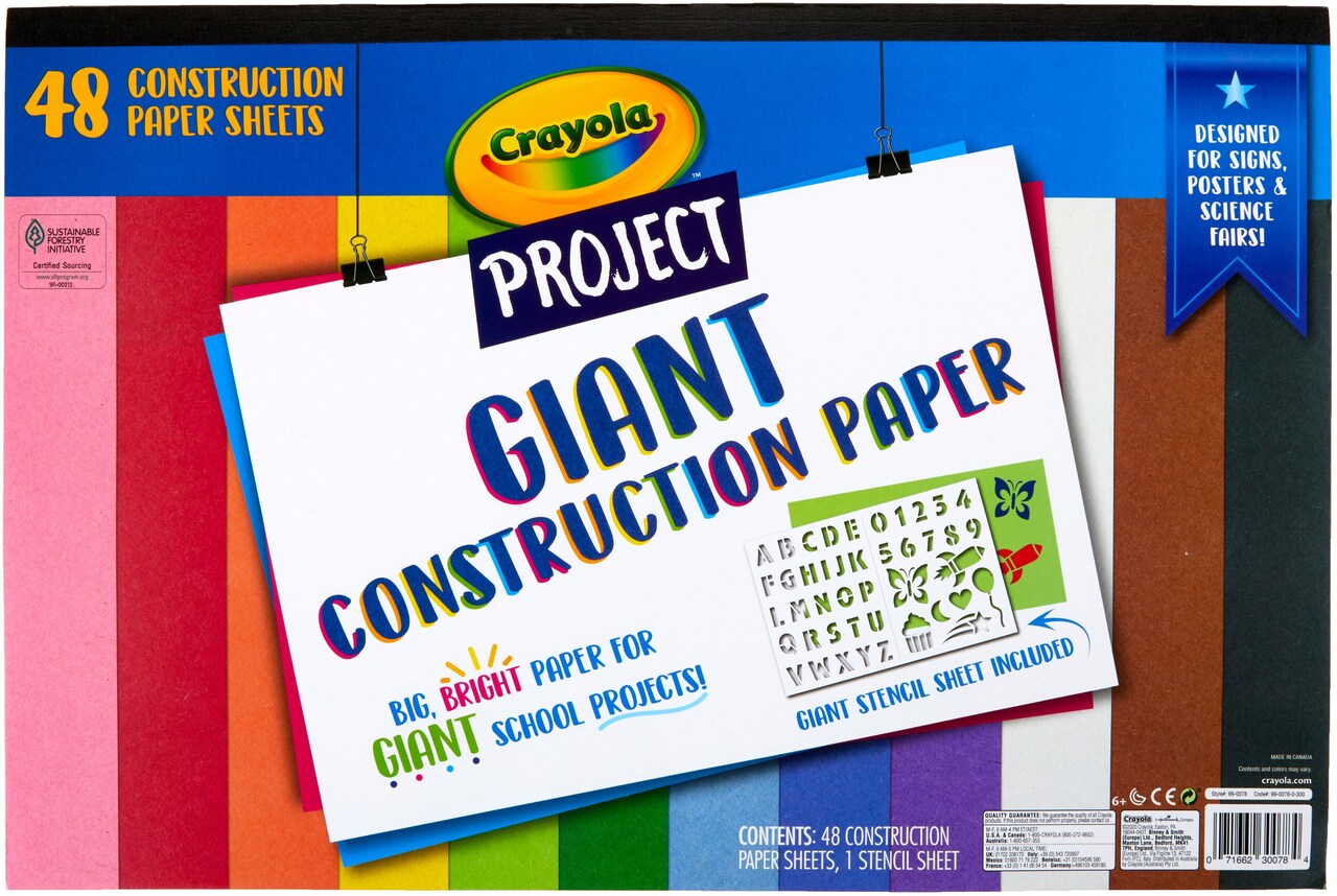 Crayola Project Giant Construction Paper 12"X18"-48 Sheets - Assorted Colors W/Stencils